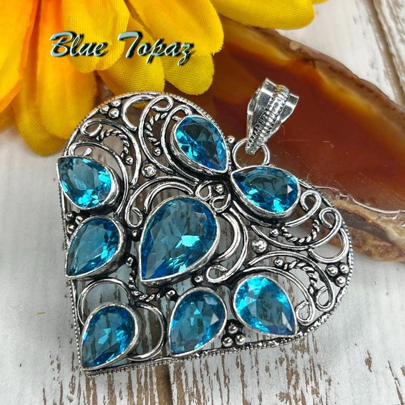 Uniquely Chic Boutique 1 Jewelry - Heart Pendant Blue Topaz Large Handmade Statement 924 Stamped Bohemian Sparkler